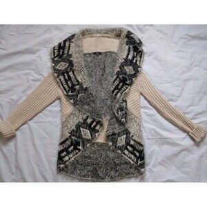 Sioni Open Front Cardigan Sweater Knit Wool Blend Cream Black Boho Womens Large